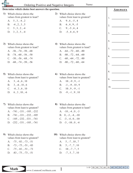 Ordering Positive And Negative Integers Multiple Choice Worksheet Free CommonCoreSheets